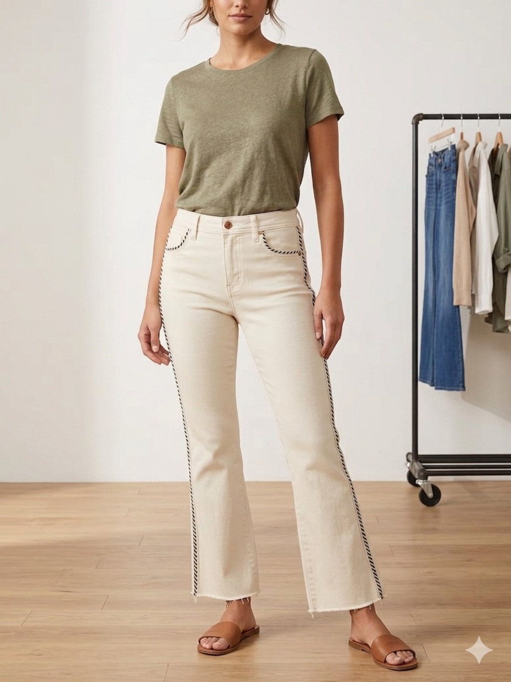 Liverpool Cream Flare Jeans with Black Side Braid